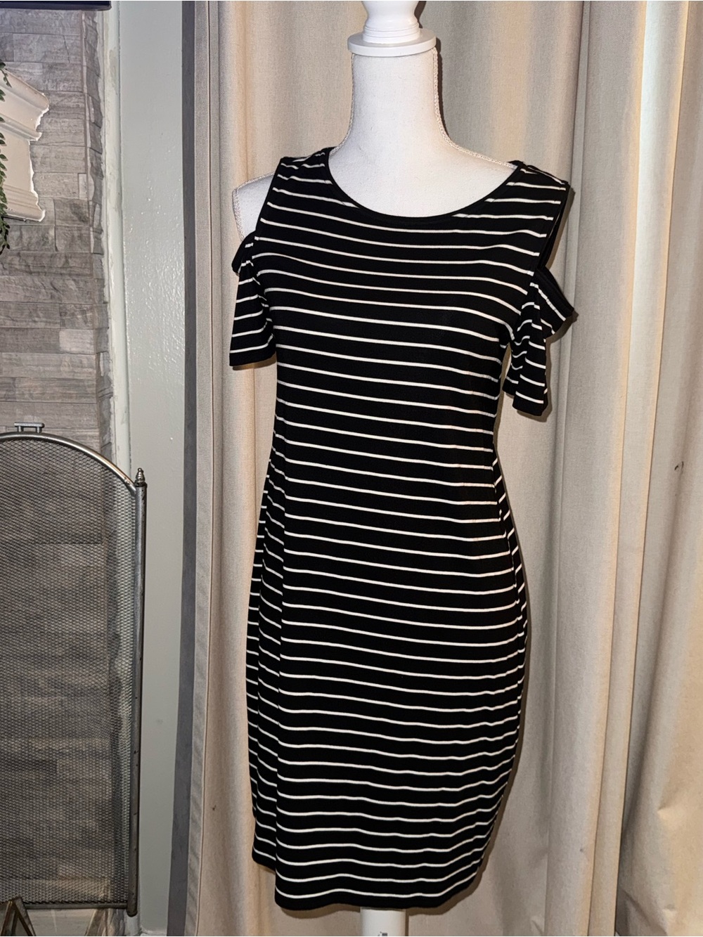 White House Black Market Black and White Striped Cold-Shoulder Mini Dress